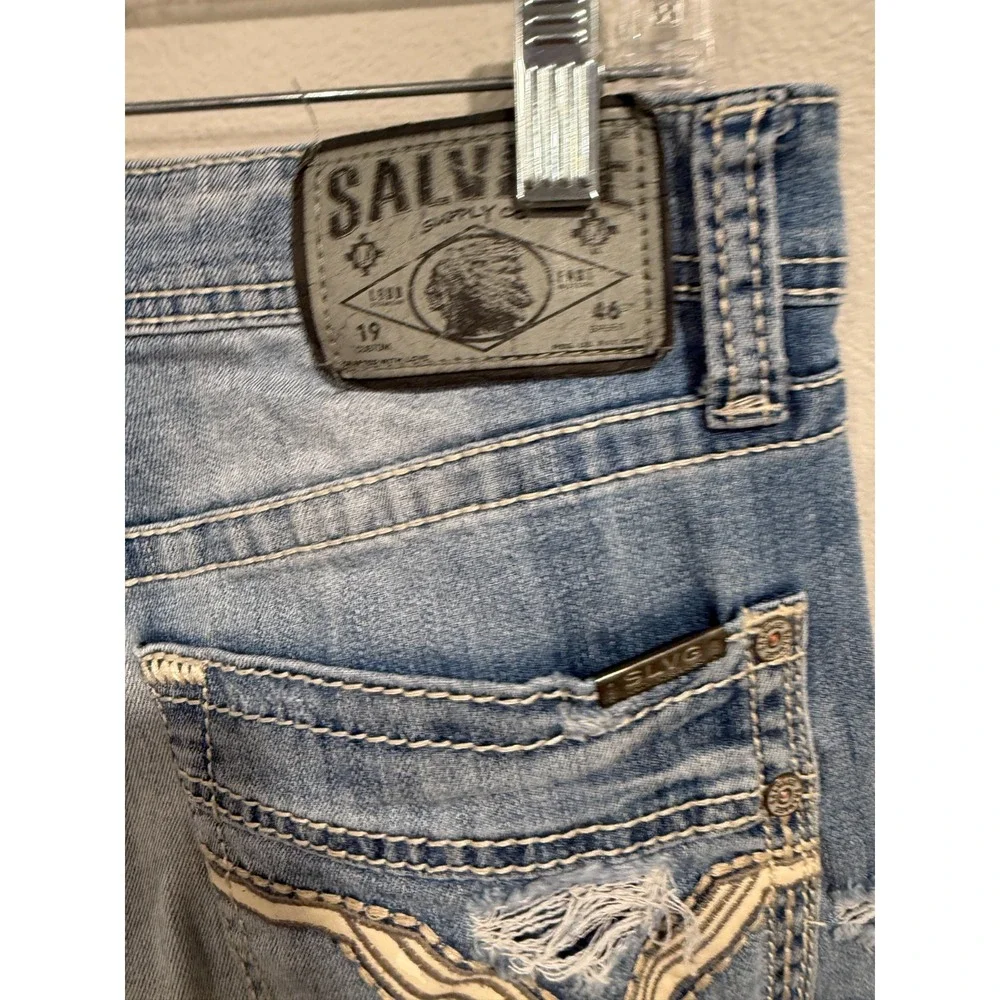 Salvage Mayhem Straight Jeans Men's 31L Blue Denim Stretch Distressed 5‎ Pocket